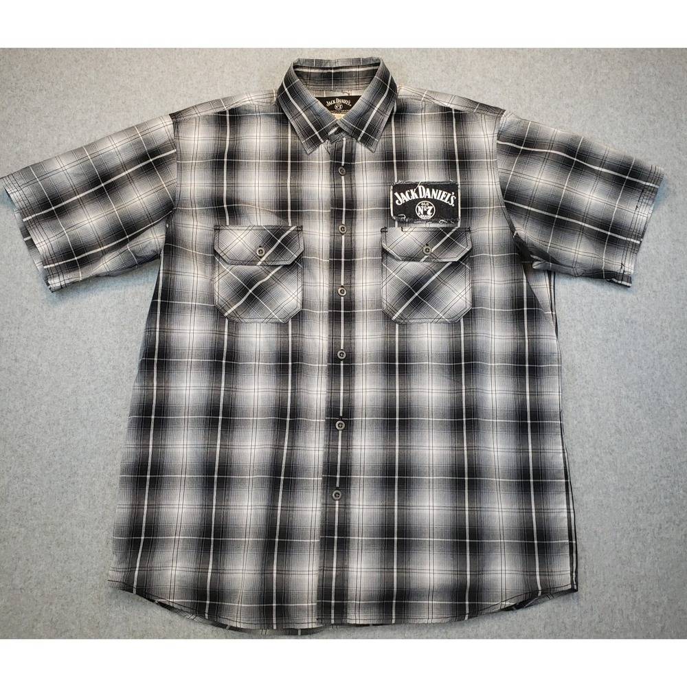 Jack Daniels Button Down Shirt Mens Gray White Black Plaid‎ Size L Short Sleeve